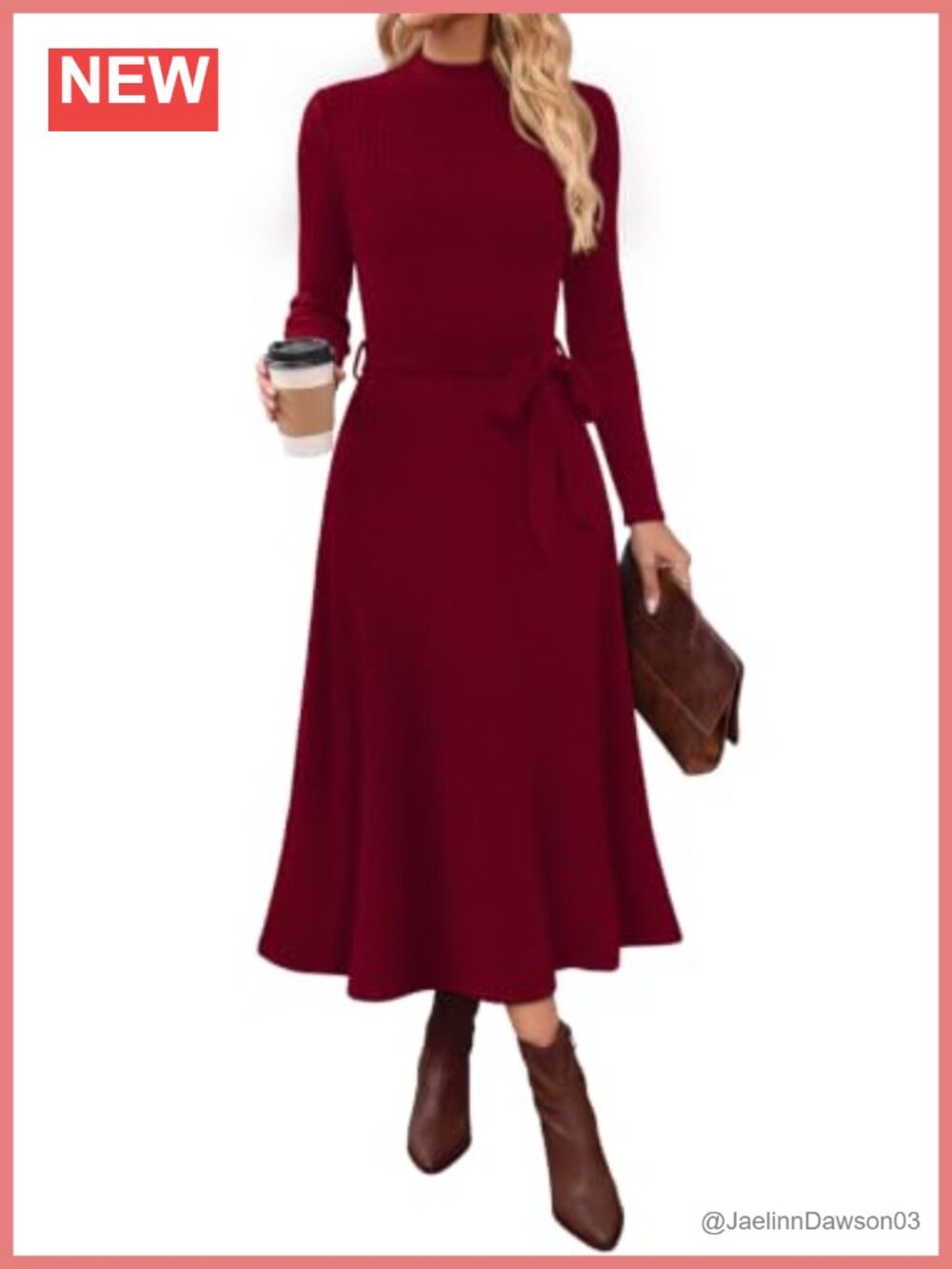 Ribbed Knit Mock Neck Midi Dress Long Sleeve Tie Waist A-Line Casual